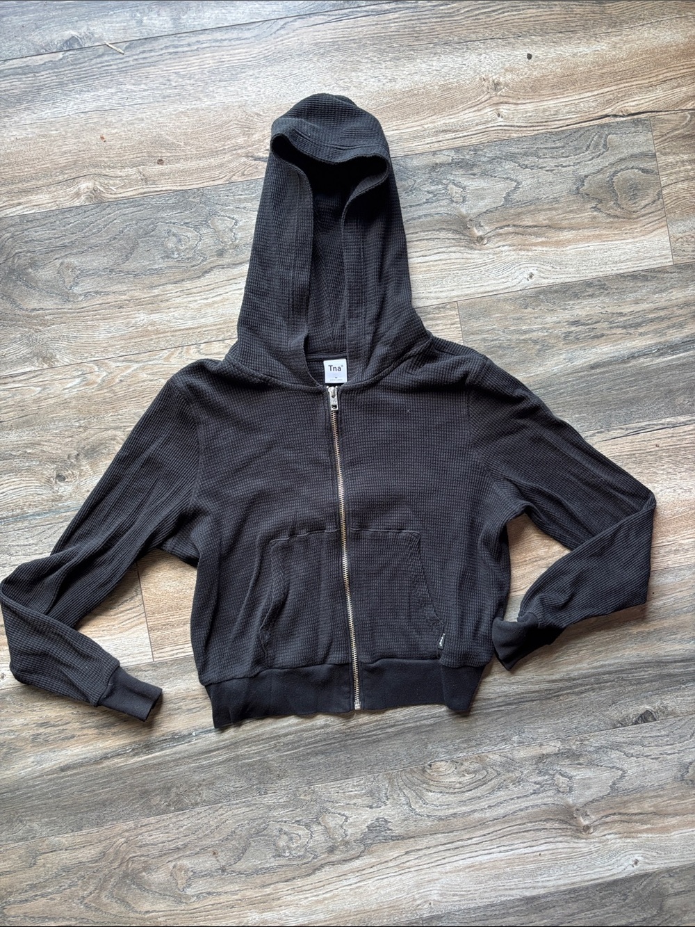 TNA Black Waffle-Knit Zip Hoodie Jacket